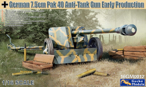 GECKO MODELS 16GM0012 1/16 German 7.5cm Pak40 Anti Tank Gun Early Production Plastic Model Kit
